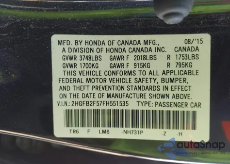 2015 Honda Civic Lx из США, поврежденный, VIN 2HGFB2F57FH551535